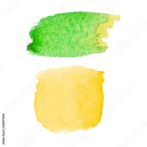 Set of abstract stains. Green and yellow colors. Bright creative backdrop. Watercolor texture with brush strokes. Spots isolated in white background. Trendy colorful design. Hand painted. Vector EPS.