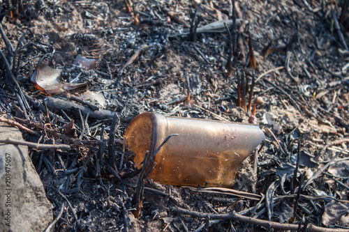 Landscape after the fire, bottle on burned grass