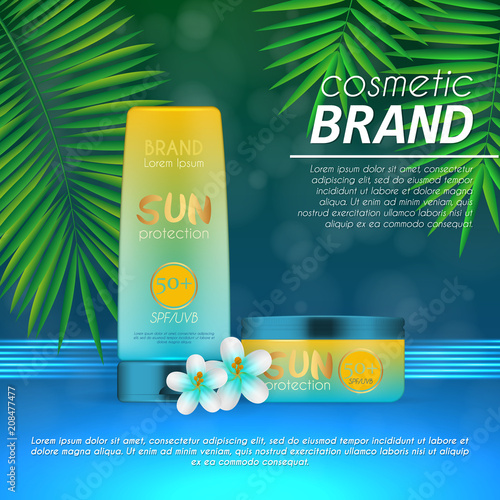 Summer sunblock cosmetic design template on abstract blue background with exotic palm leaves. Realistic sun protection and sunscreen product ads.