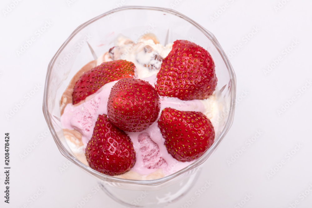 ice cream and fresh ripe strawberries isolated on white background ice cream and fresh ripe strawberries isolated on white background