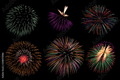 Firework collection and Set of colorful fireworks light on the black background.