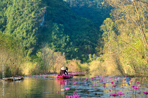 Yen stream, with traditional boat on the way to Huong ancient pagoda. Blossoming water lily on the river. Vietnam beautiful landscape © Hanoi Photography