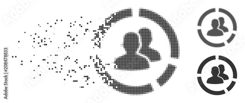 Dispersed demography diagram dotted icon with disintegration effect. Halftone dotted and intact whole gray versions. Dots have rectangle shape.