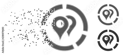 Fractured geo diagram dotted icon with disintegration effect. Halftone pixelated and undamaged entire grey variants. Dots have square shape. Particles are composed into dispersed geo diagram form.