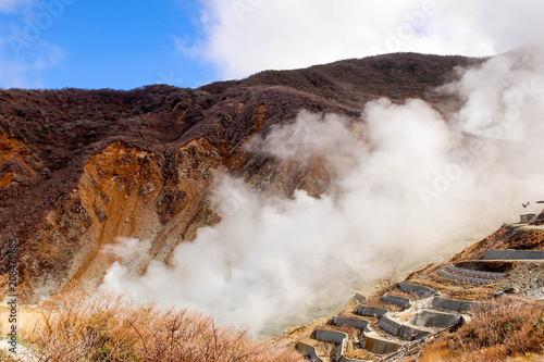 Closeup of mountain at owakudani Smoke coming out of Hakone, Japan