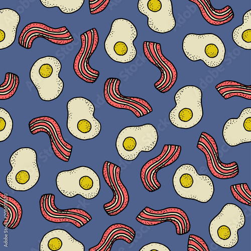 Seamless vector pattern with breakfast. Eggs and bacon on deep blue. For textile, wrapping, craft