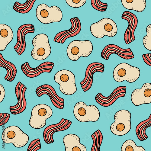 Seamless vector pattern with breakfast. Eggs and bacon on turquoise. For textile, wrapping, craft