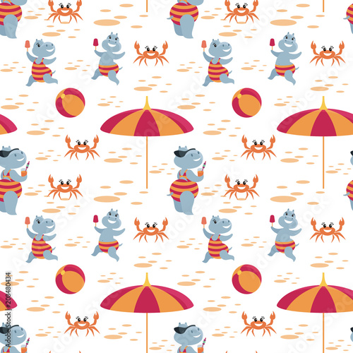 Children’s seamless pattern with fun hippos on vacation. Vector background in cartoon style.