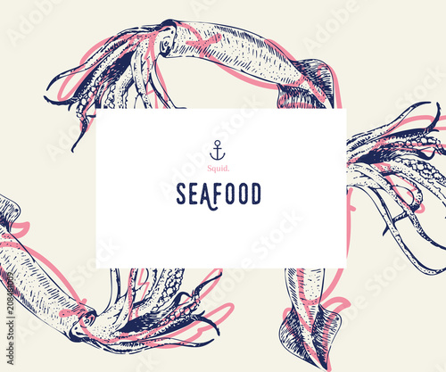 Seafood banner set. Hand drawn squid. Vector restaurant menu. Marine food banner, flyer design. Engraved isolated art. Delicious cuisine objects. Use for promotion, market, store banner.