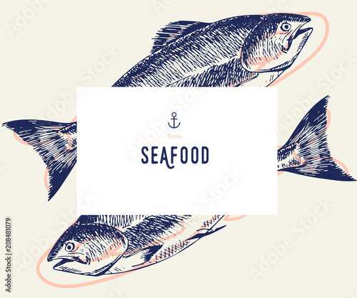Seafood banner set. Hand drawn tuna fish. Vector restaurant menu. Marine food banner, flyer design. Engraved isolated art. Delicious cuisine objects. Use for promotion, market, store banner.