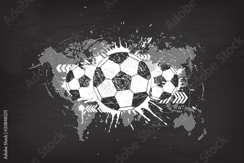 Grunge abstract football background with world map and dust particle on blackboard texture . Flat design . Vector for international world championship tournament cup 2018