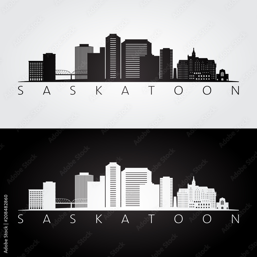 Saskatoon skyline and landmarks silhouette, black and white design, vector illustration.