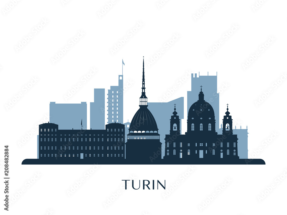 Turin skyline, monochrome silhouette. Vector illustration.