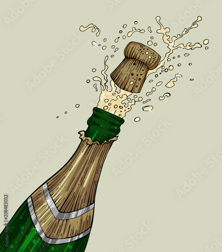 Opening champagne bottle popping, vector, outlines