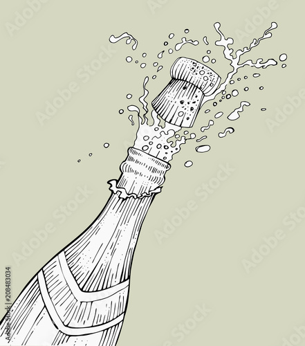 Opening champagne bottle popping, vector, outlines