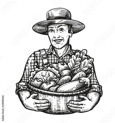 Happy farmer holds a wicker basket full of fresh vegetables. Farm, harvest, agriculture concept. Sketch vector illustration