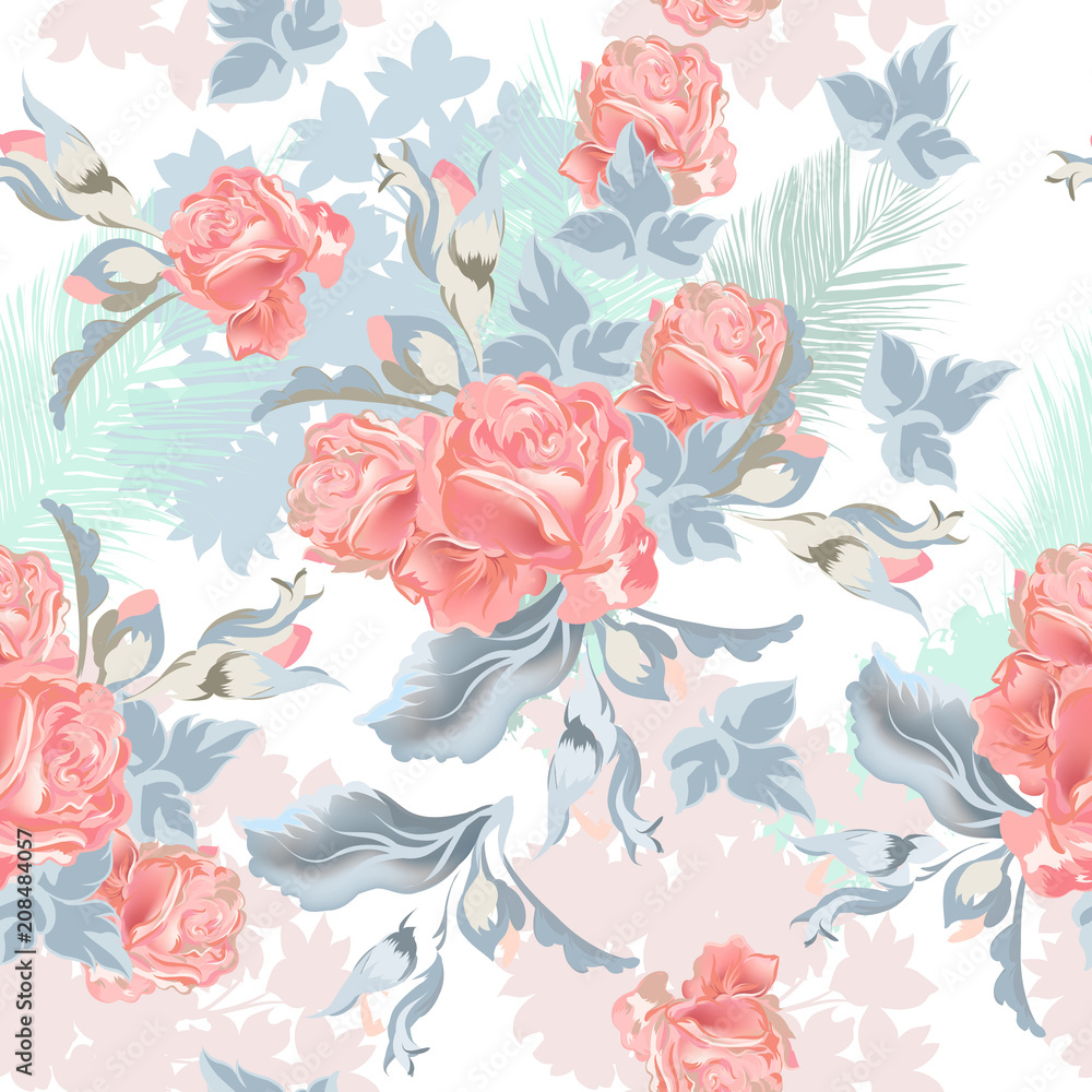 Beautiful tropical vintage  pattern with pink rose flowers and palm leafs