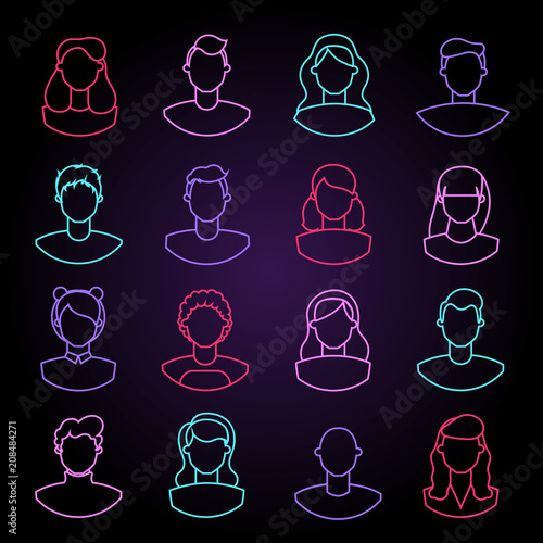 set of neon linear flat icons. user. face. vector illustration