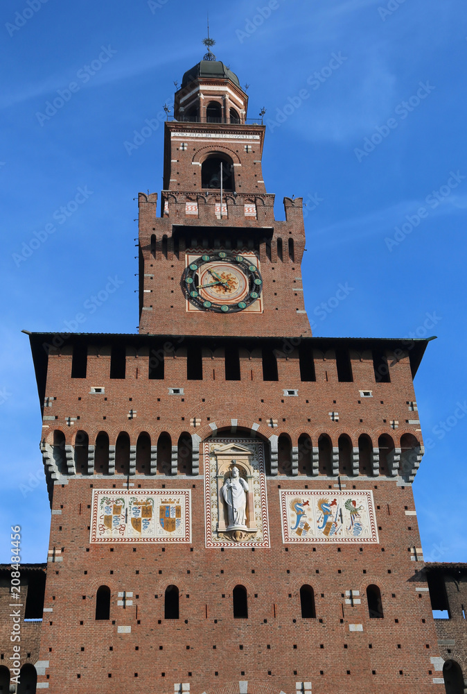 clock tower of Castle called Castello Sforzesco in Milan