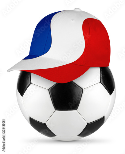 Classic black white leather soccer ball with france french flag baseball fan cap isolated background sport football concept