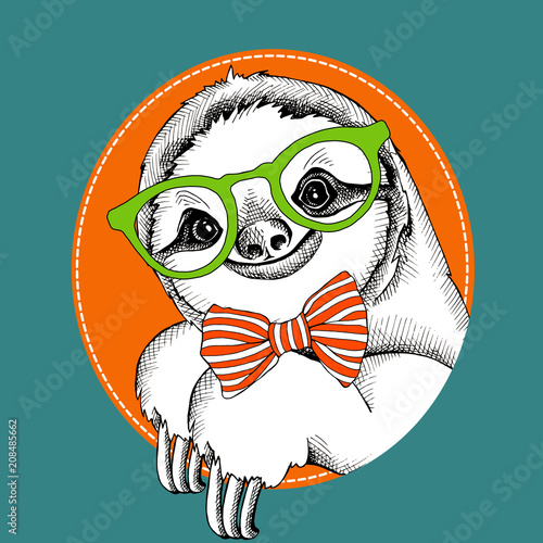 Sloth portrait in a glasses with tie. Vector illustration.