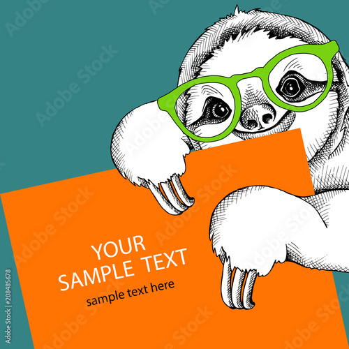 Card design template with image of a sloth in a glasses. Vector illustration.