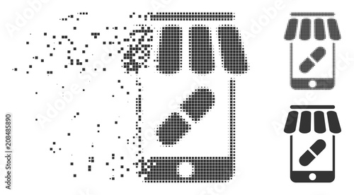 Dispersed online pharmacy dotted icon with disintegration effect. Halftone dotted and intact solid gray versions. Dots have rectangle shape. Points are organized into dissolving online pharmacy shape.
