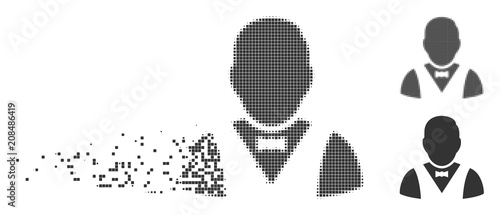 Fractured waiter pixel icon with disintegration effect. Halftone pixelated and intact entire grey variants. Dots have rectangle shape. Pixels are arranged into dissipated waiter figure.
