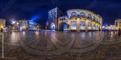 3D spherical panorama of the Powder Tower in Prague at night with 360 viewing angle. Ready for virtual reality. Full equirectangular projection. photo