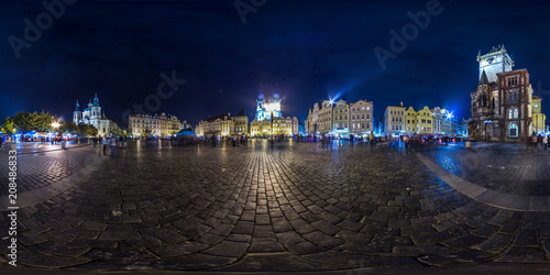 Old Town Square at evening at Prague. Autumn. 3D spherical panorama with 360 viewing angle. Ready for virtual reality. Full equirectangular projection.