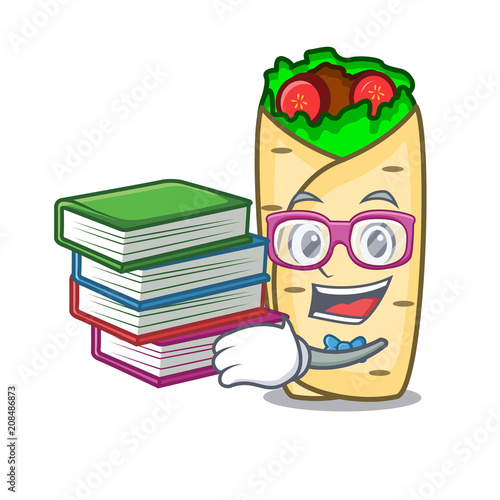 Student with book burrito mascot cartoon style