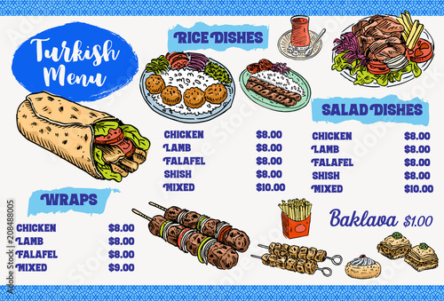 Menu design, Hand drawn Turkish food, Vector Illustration