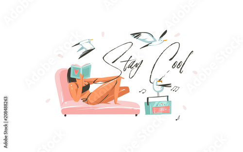 Hand drawn vector abstract graphic cartoon summer time flat illustrations print with relaxing reading girl with book,record music player and Stay Cool typography quote isolated on white background