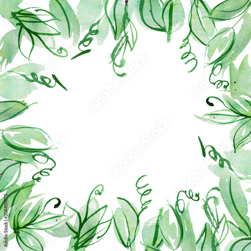Watercolor hand painted fresh background with green leaves