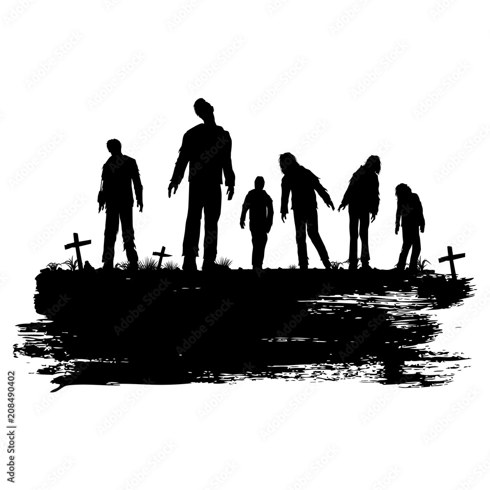 Obraz premium Silhouette of zombies walking at graveyard, Vector Illustration