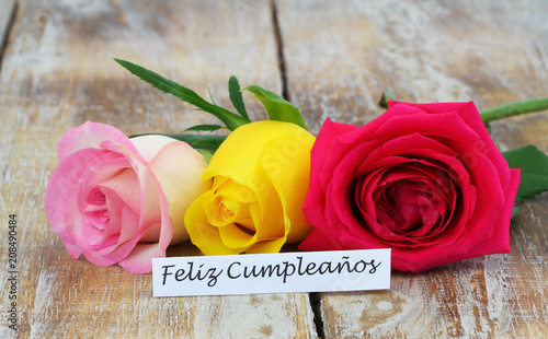 Obraz na płótnie Feliz cumpleanos (Happy birthday in Spanish) card with colorful roses
w salonie
