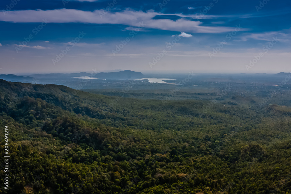 A panoramic view of the surroundings from Taung Kalat (Pedestal Hill) near Bagan, Myanmar