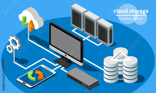 Isometric cloud computing service flowchart includes pc monitor, server rack, data storage and mobile phone.