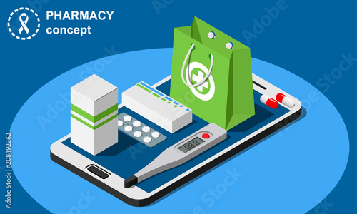 Isometric online pharmacy concept includes tablet or smartphone, pills pack, bag and thermometer vector illustration.