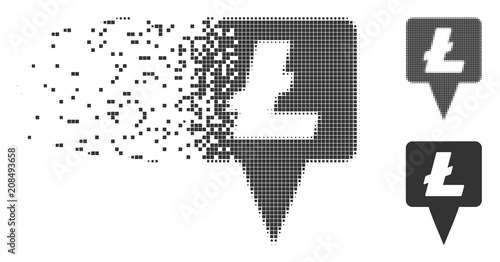 Dissolved Litecoin map pointer dotted icon with disintegration effect. Halftone dotted and undamaged solid grey versions. Dots have rectangular shape.