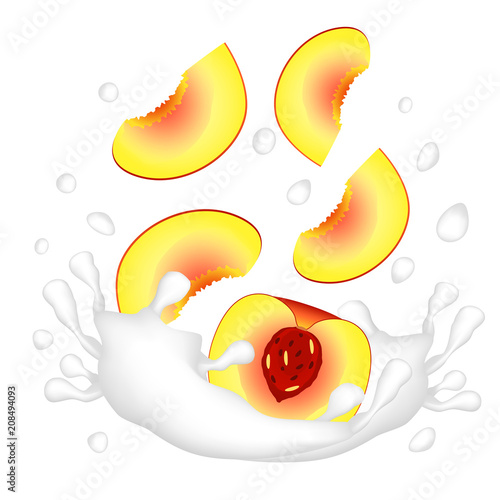 Red orange peach and a splash of milk or yogurt on a white background.