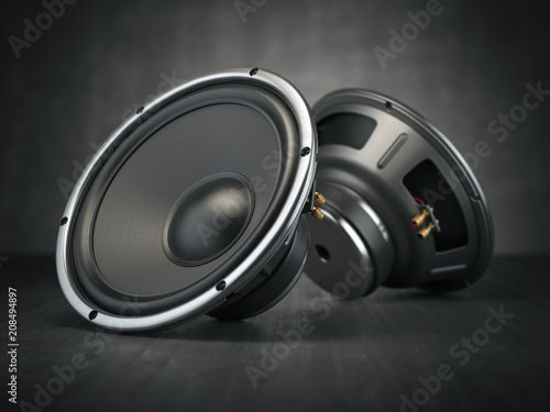 Sound speakers. Multimedia acoustic sound loudspeakers on black rough background