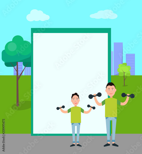 Father and Son Train with Dumbbells vector