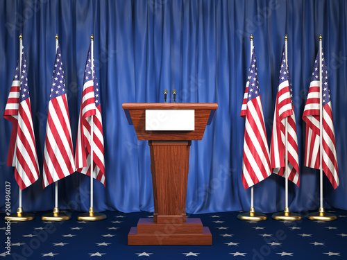 Podium speaker tribune with USA flags. Briefing of president of United states in White House. Politics concept. photo