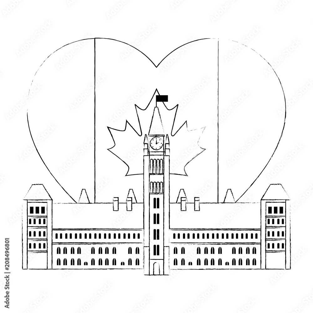 Obraz premium canadian parliament building with heart flag vector illustration design