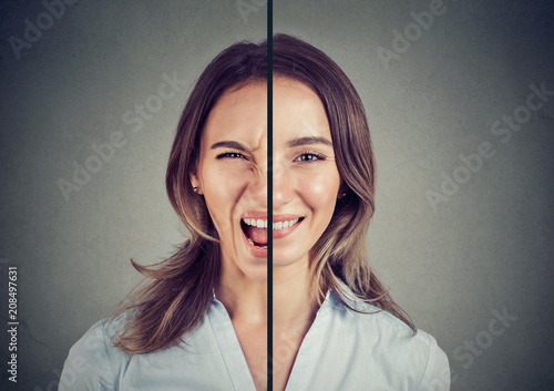 Young woman with double face expression