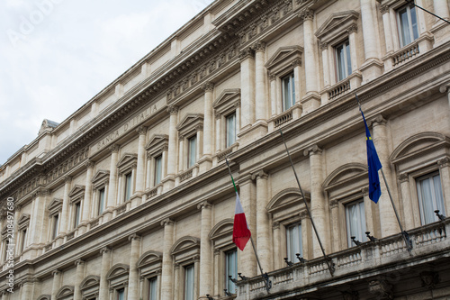 Horizontal View of Close Up of the Bank of Italy Palace on Cloudy Sky Background
