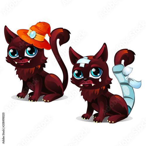 Healthy and diseased cute cat isolated on white background. Vector cartoon close-up illustration.