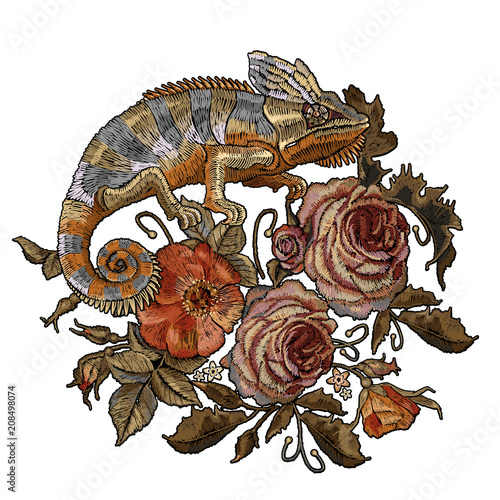 Classic style embroidery, beautiful chameleons, red roses and pink peonies. Embroidery color chameleons, wild red roses and peonies