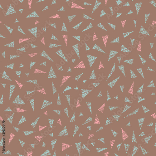 Warm pattern with triangles. Seamless. Abstract delta texture. Simple puzzle background for decoration or backdrop. Unstable motif.